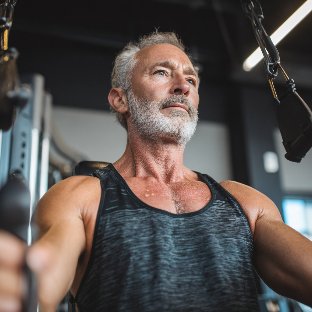mature adult doing strength training exercises at modern fitness center