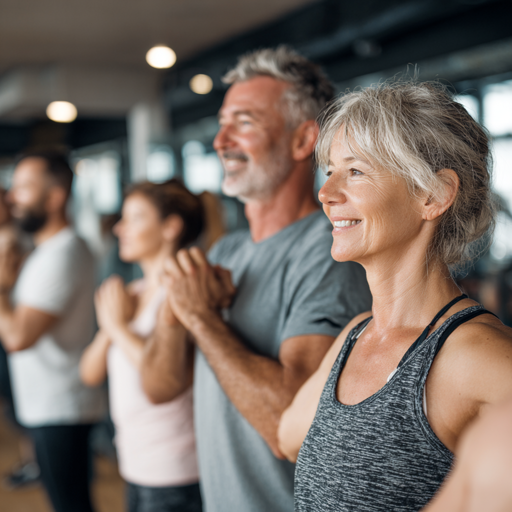 middle aged adults participating in group fitness class with professional instructor